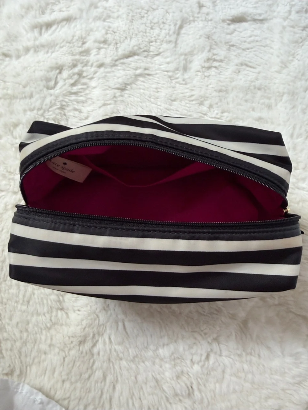 KATE SPADE,  black and white striped makeup pouch